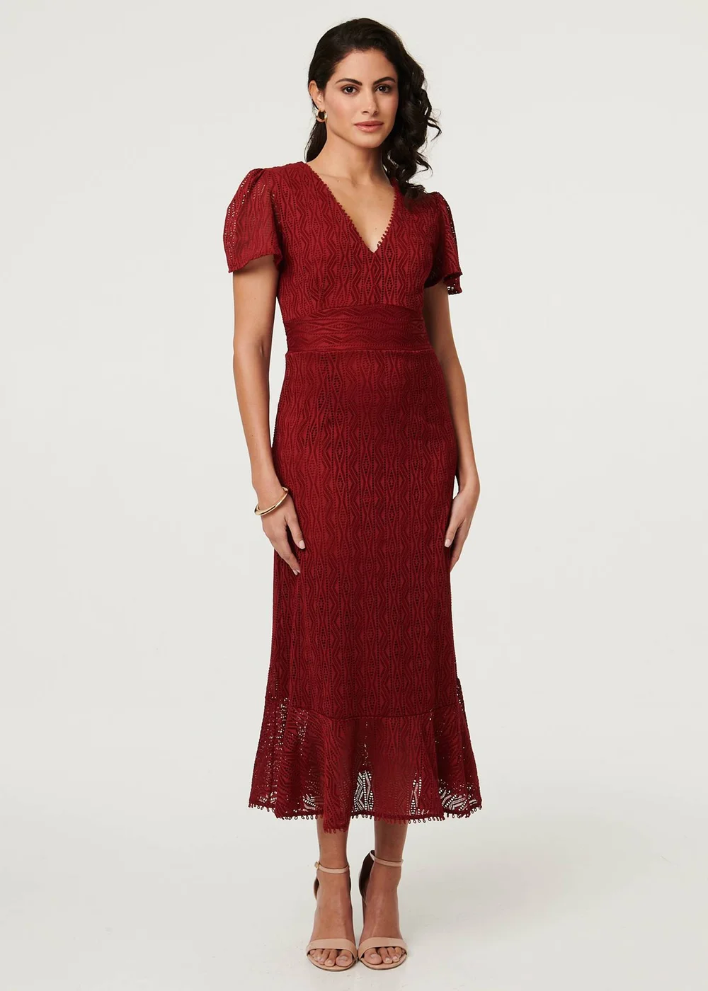 Izabel London Red Printed Lace Texture Slim Midi Dress - 8 Image 4