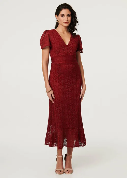 Izabel London Red Printed Lace Texture Slim Midi Dress - 8 Image 4