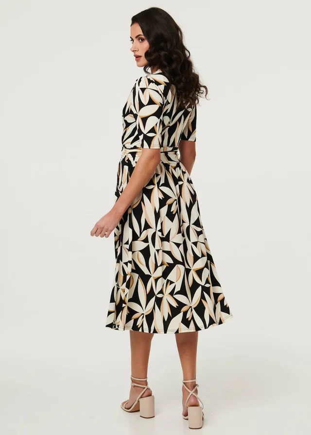 Izabel London Multi Black Leaf Print 1/2 Sleeve Wrap Midi Dress