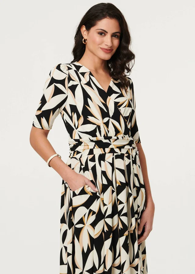 Izabel London Multi Black Leaf Print 1/2 Sleeve Wrap Midi Dress