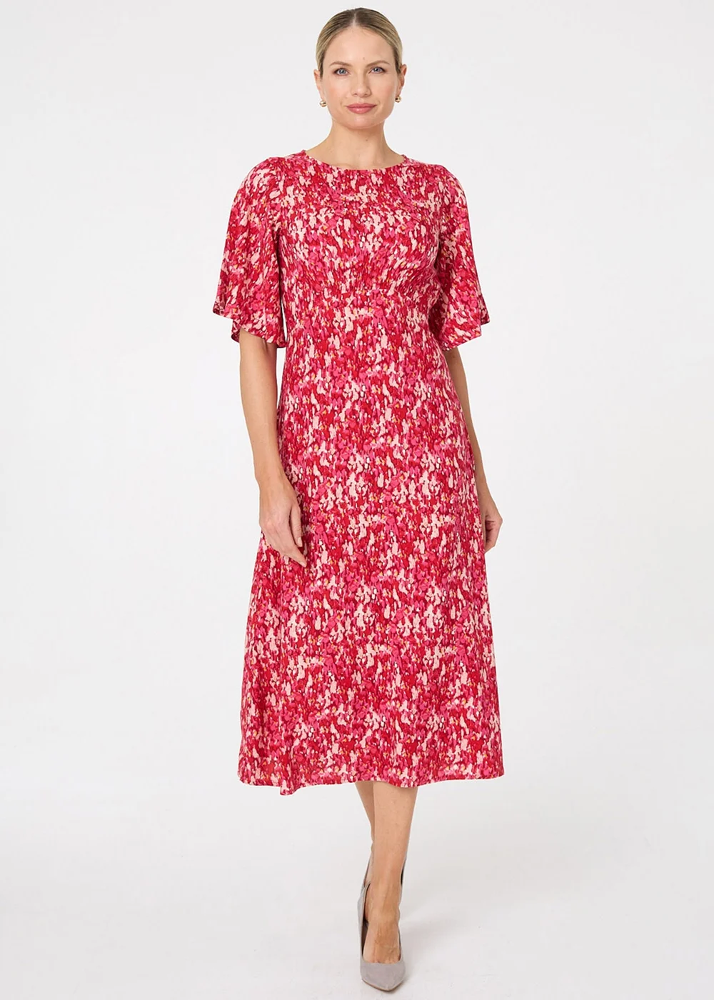 Izabel London Multi Red Ditsy Floral 1/2 Flare Sleeve Midi Dress - 8 Image 4