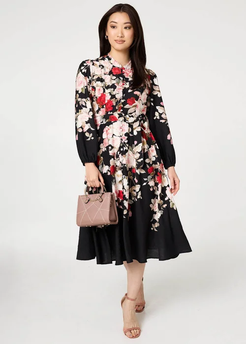 Izabel London Black Floral Tie Waist Long Sleeve Midi Dress - 18 Image 4