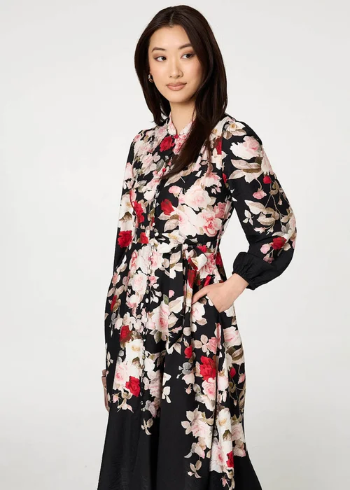 Izabel London Black Floral Tie Waist Long Sleeve Midi Dress - 18 Image 1