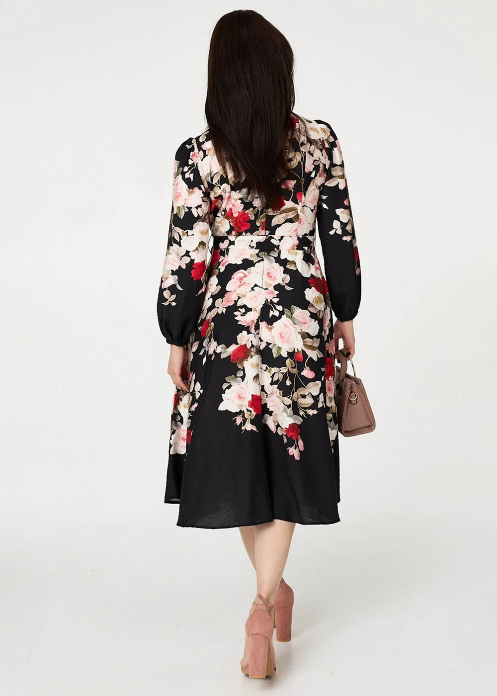 Izabel London Black Floral Tie Waist Long Sleeve Midi Dress - 18 Image 2