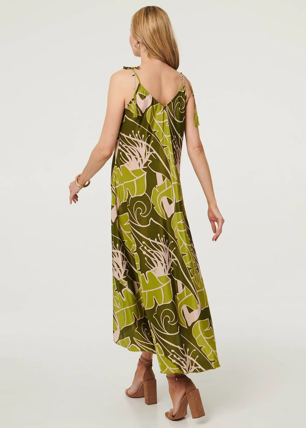Izabel London Green Leaf Print Tassel Cami Strap Maxi Dress - 12 Image 2
