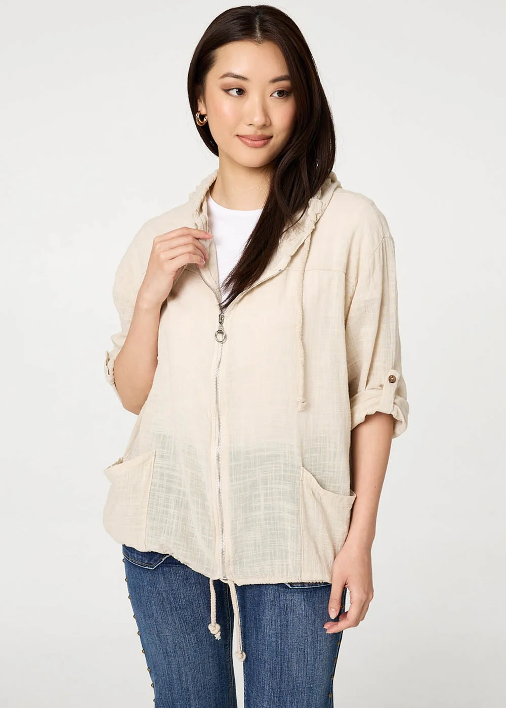 Izabel London Linen 3/4 Sleeve Hooded Zip Front Jacket - 8-10 Image 1