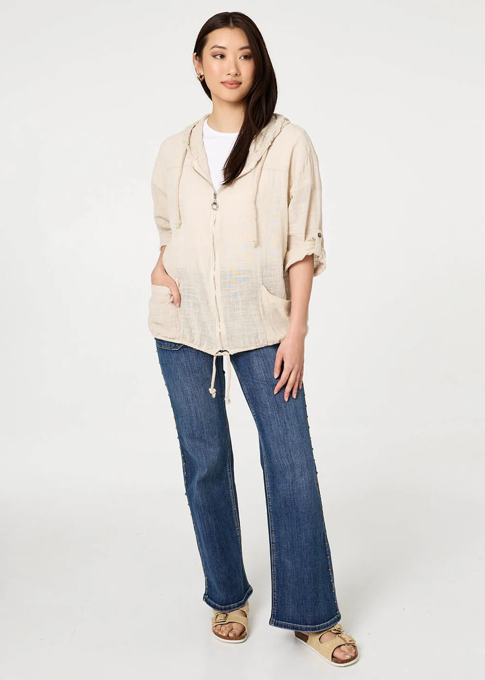 Izabel London Linen 3/4 Sleeve Hooded Zip Front Jacket - 8-10 Image 4