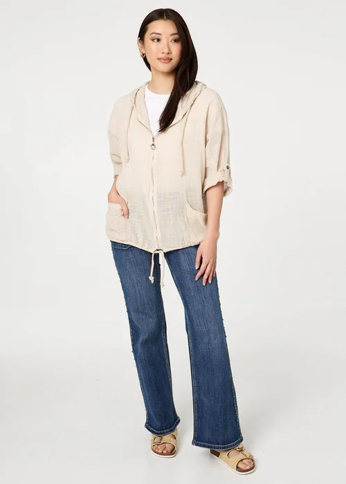 Izabel London Linen 3/4 Sleeve Hooded Zip Front Jacket - 8-10 Image 4
