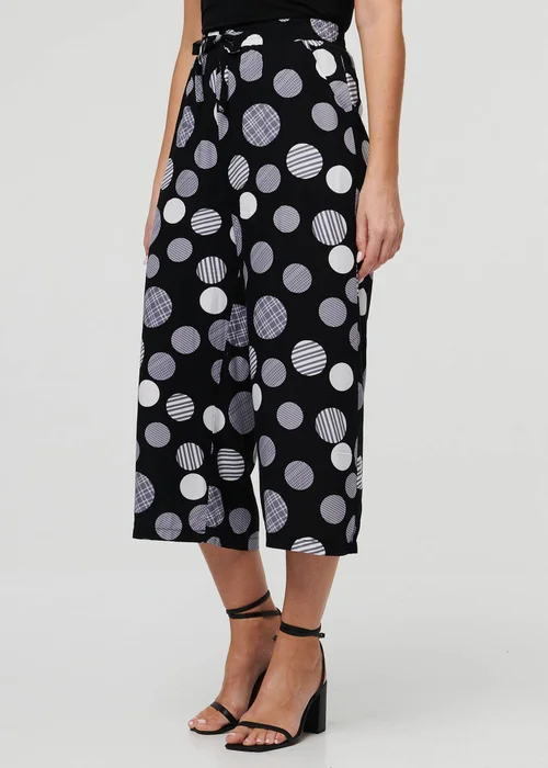 Izabel London Black Spotty Print Tie Waist Cropped Trousers - 10 Image 3