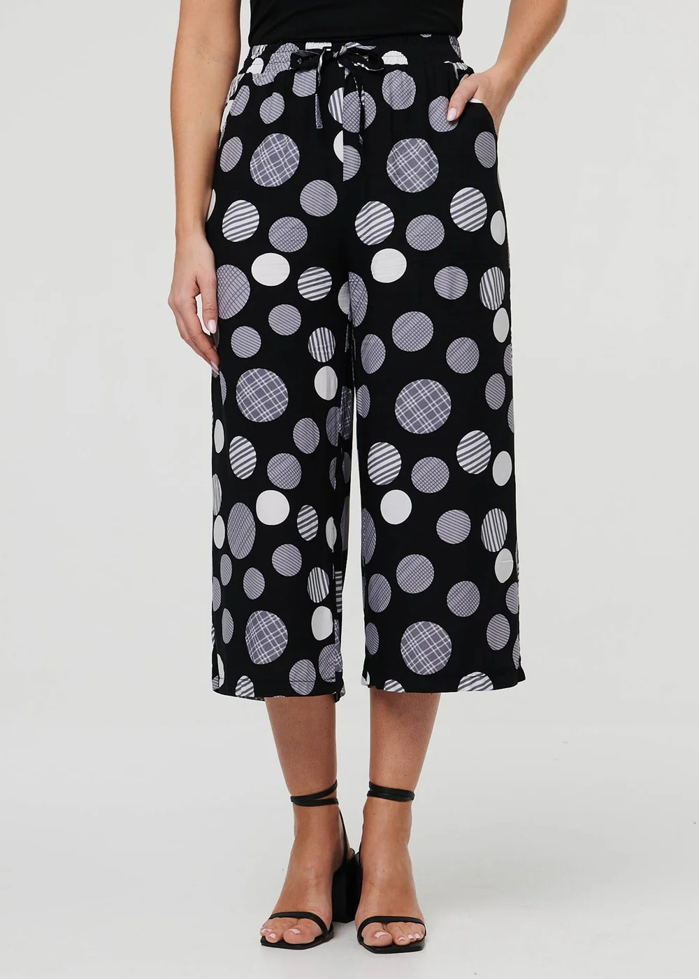 Izabel London Black Spotty Print Tie Waist Cropped Trousers - 10 Image 1