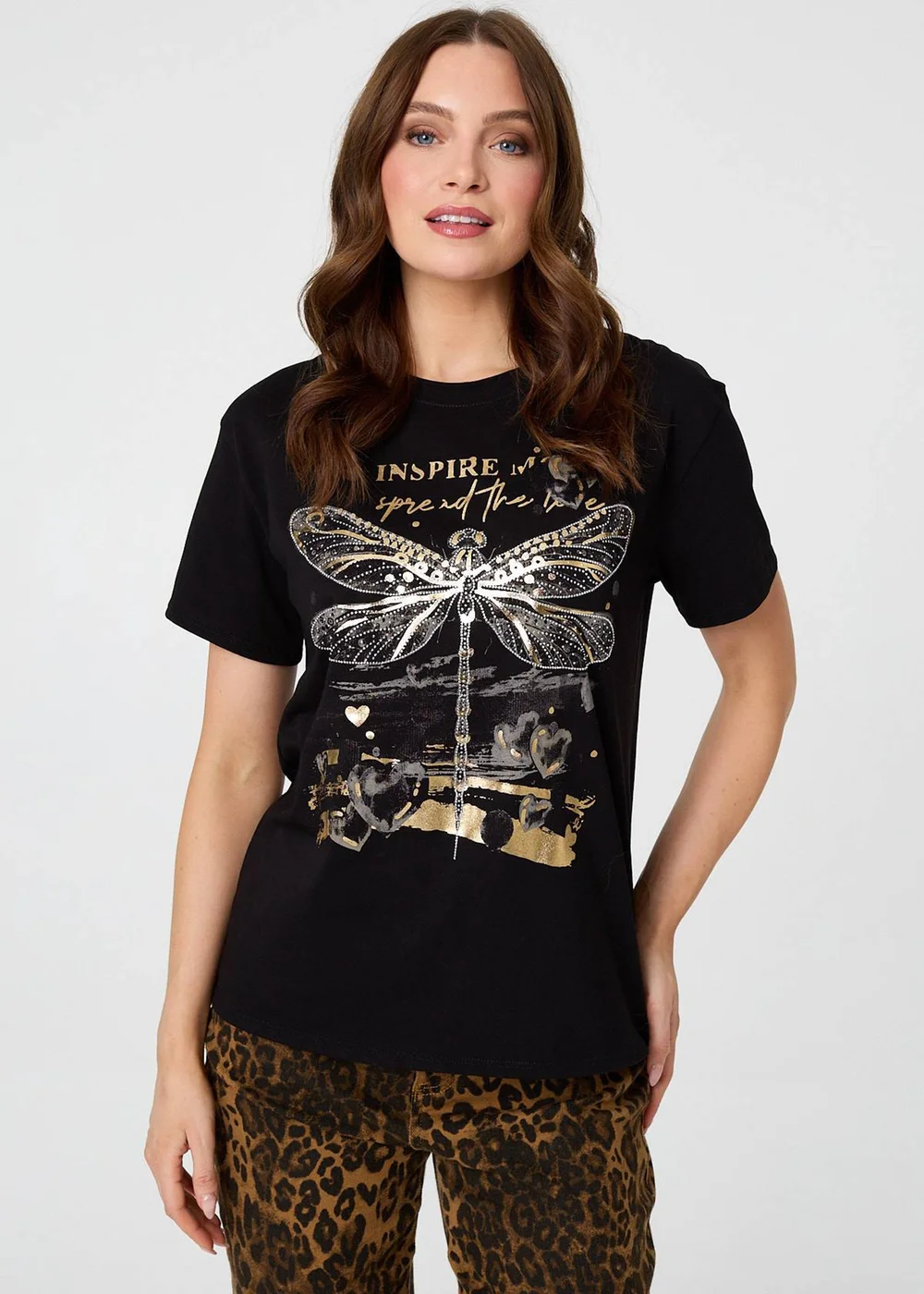 Izabel London Black Graphic Print Metallic Detail T-Shirt - 16 Image 1
