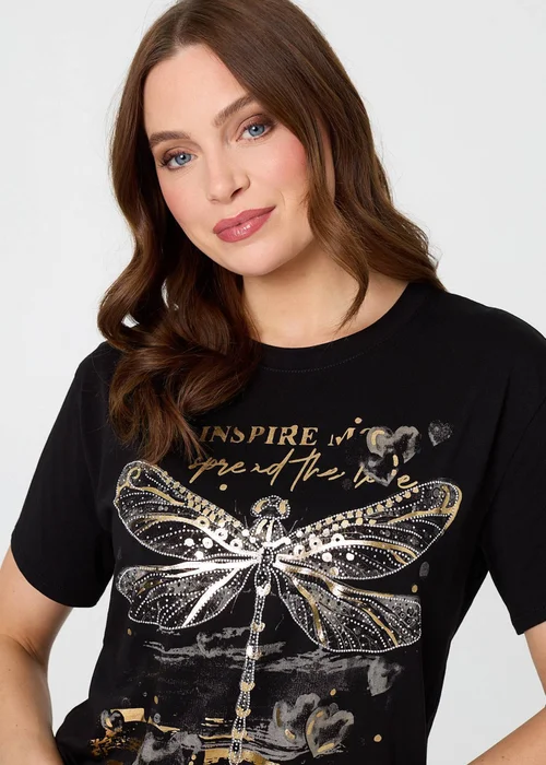 Izabel London Black Graphic Print Metallic Detail T-Shirt - 16 Image 3