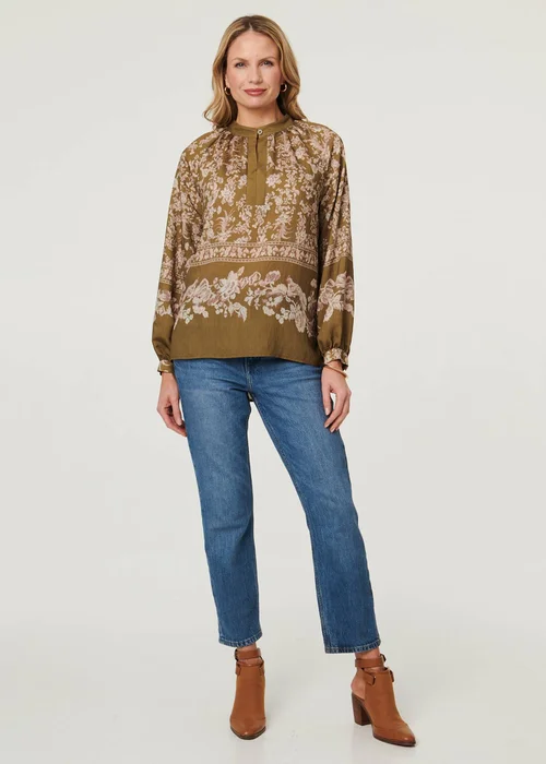 Izabel London Green Floral Long Sleeve High Neck Blouse - 12 Image 4
