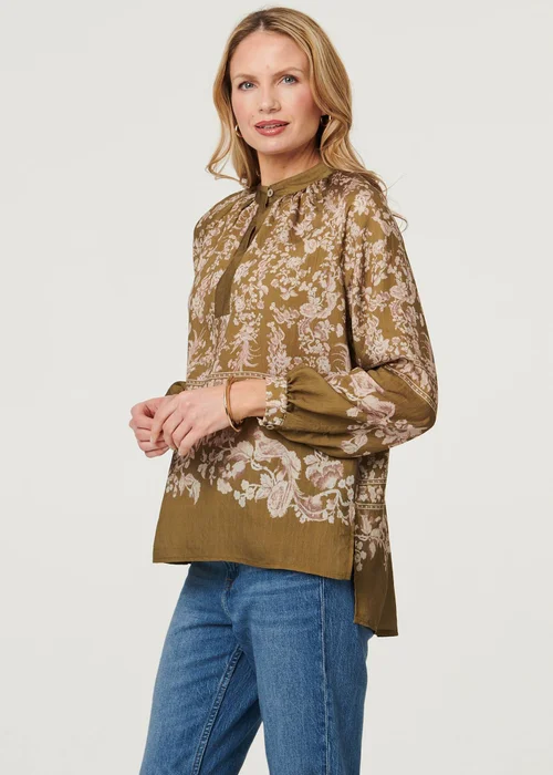 Izabel London Green Floral Long Sleeve High Neck Blouse - 12 Image 1