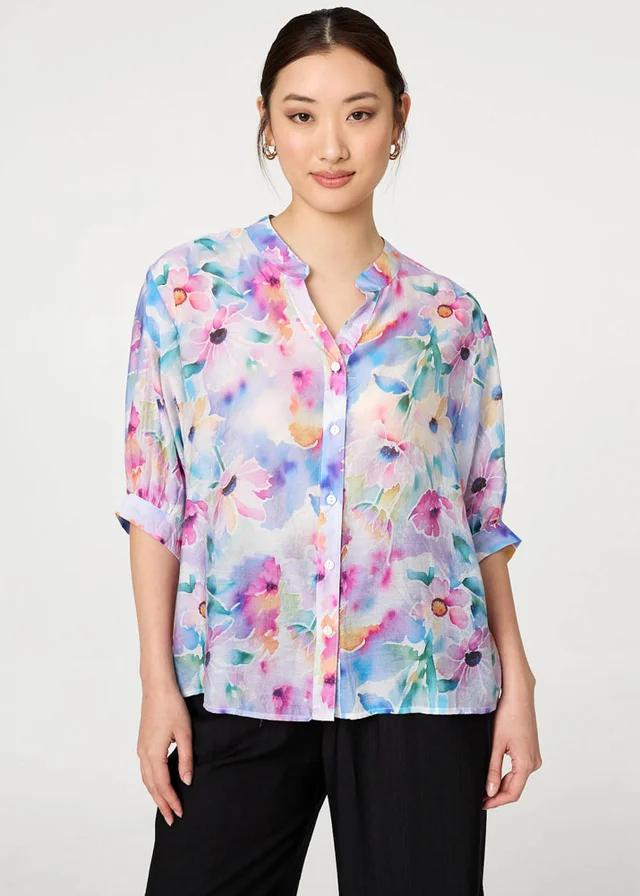 Izabel London Blue Floral 3/4 Sleeve Curved Hem Blouse