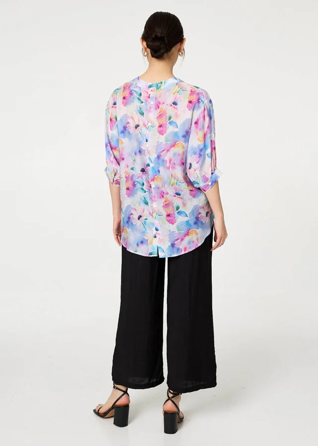 Izabel London Blue Floral 3/4 Sleeve Curved Hem Blouse