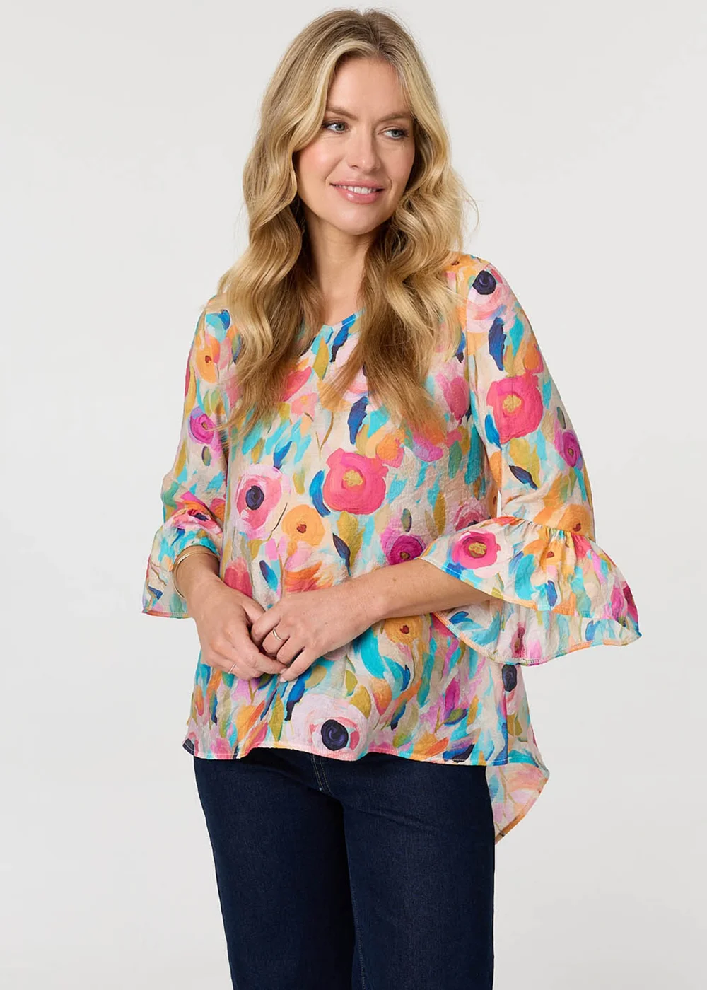 Izabel London Multi Pink Abstract Floral 3/4 Flared Sleeve Blouse - 12 Image 1