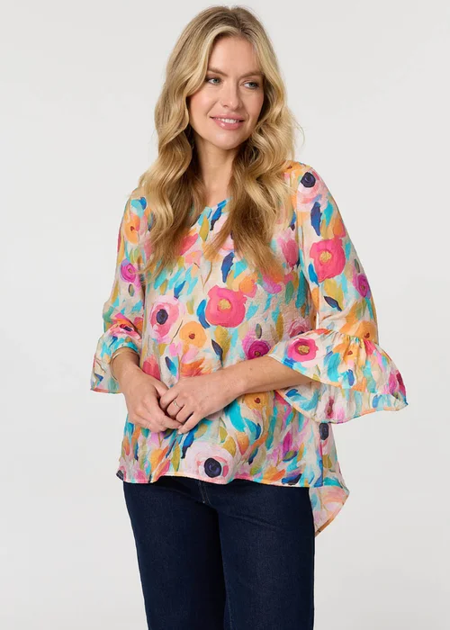 Izabel London Multi Pink Abstract Floral 3/4 Flared Sleeve Blouse - 12 Image 1