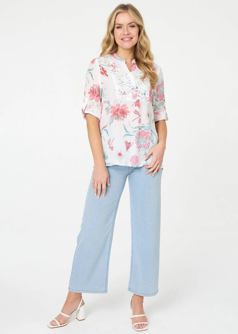 Izabel London Multi White Lace Trim 3/4 Sleeve Relaxed Blouse - 8 Image 4