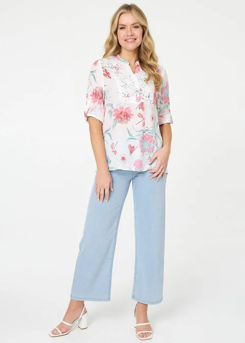 Izabel London Multi White Lace Trim 3/4 Sleeve Relaxed Blouse - 8 Image 4
