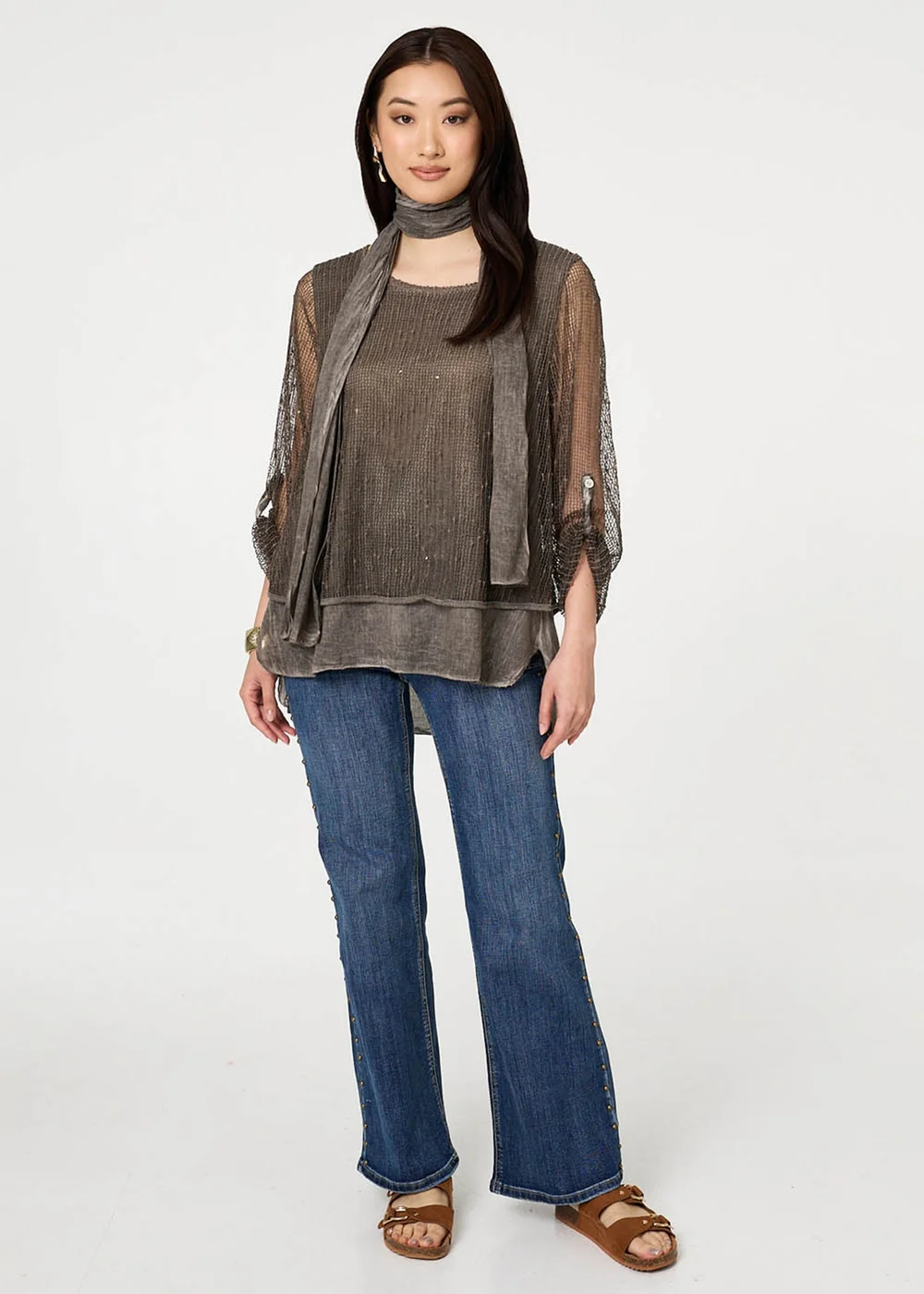 Izabel London Chocolate Sparkly Mesh Scarf Detail Layered Top - 14 Image 4
