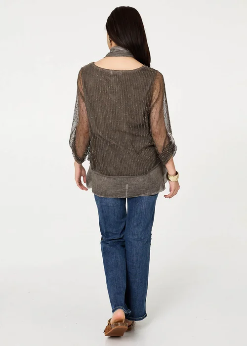 Izabel London Chocolate Sparkly Mesh Scarf Detail Layered Top - 14 Image 2