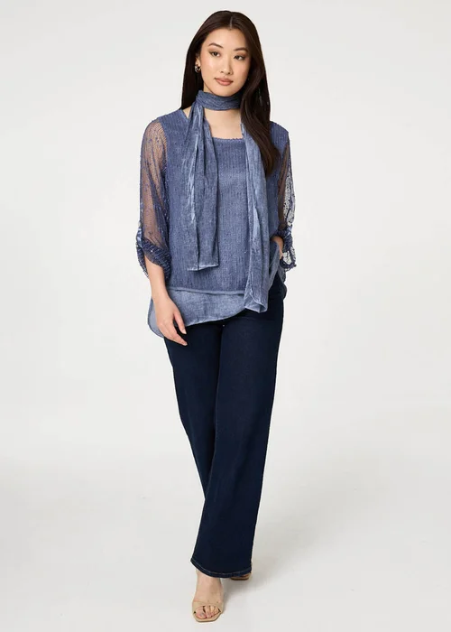 Izabel London Navy Sparkly Mesh Scarf Detail Layered Top - 12 Image 4
