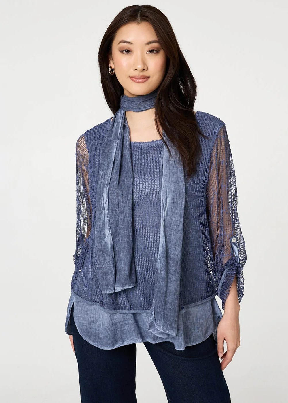 Izabel London Navy Sparkly Mesh Scarf Detail Layered Top - 12 Image 1