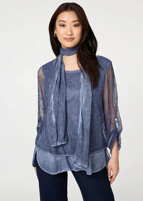 Izabel London Navy Sparkly Mesh Scarf Detail Layered Top - 12 Image 1
