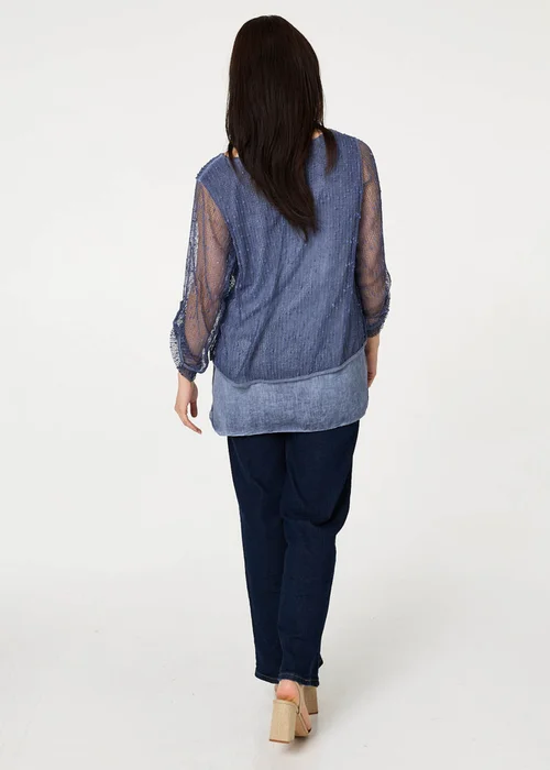 Izabel London Navy Sparkly Mesh Scarf Detail Layered Top - 12 Image 2