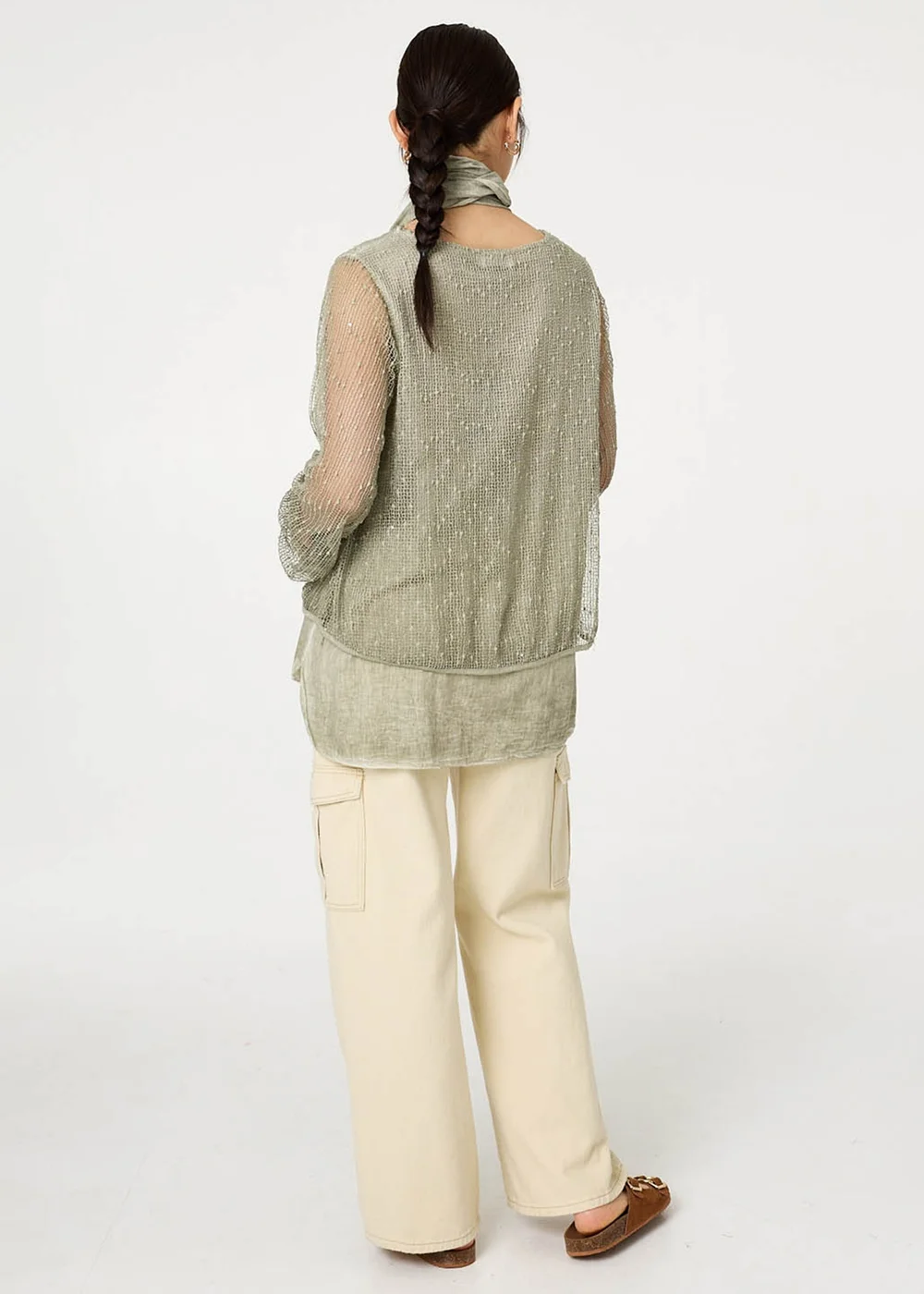 Izabel London Khaki Sparkly Mesh Scarf Detail Layered Top - 12 Image 2