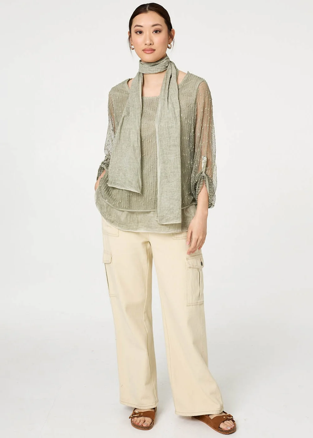 Izabel London Khaki Sparkly Mesh Scarf Detail Layered Top - 12 Image 4
