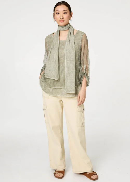 Izabel London Khaki Sparkly Mesh Scarf Detail Layered Top - 12 Image 4