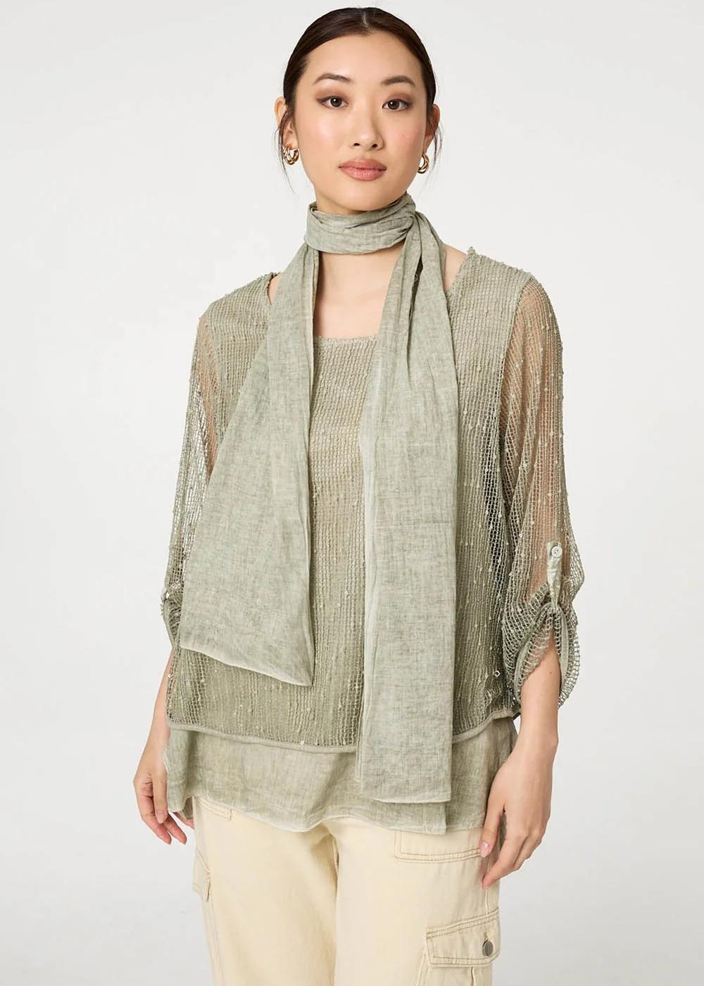 Izabel London Khaki Sparkly Mesh Scarf Detail Layered Top - 12 Image 1