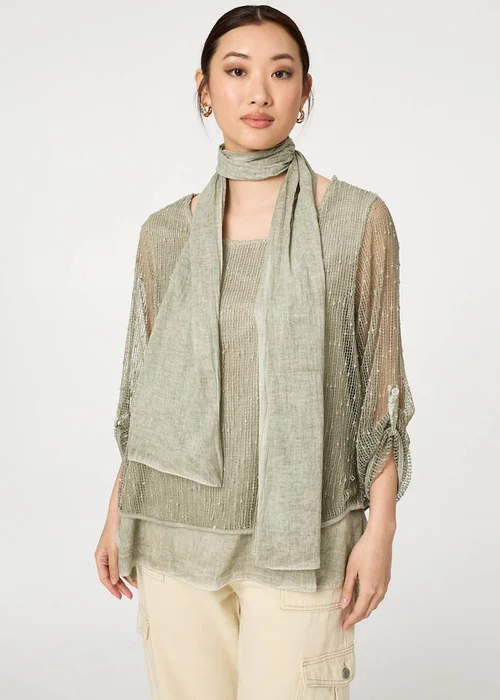 Izabel London Khaki Sparkly Mesh Scarf Detail Layered Top - 12 Image 1