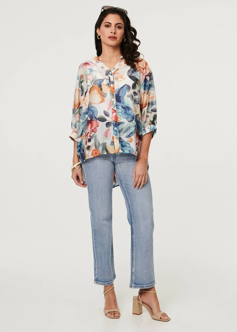 Izabel London Blue Abstract Floral Curve Hem Blouse - 8 Image 4