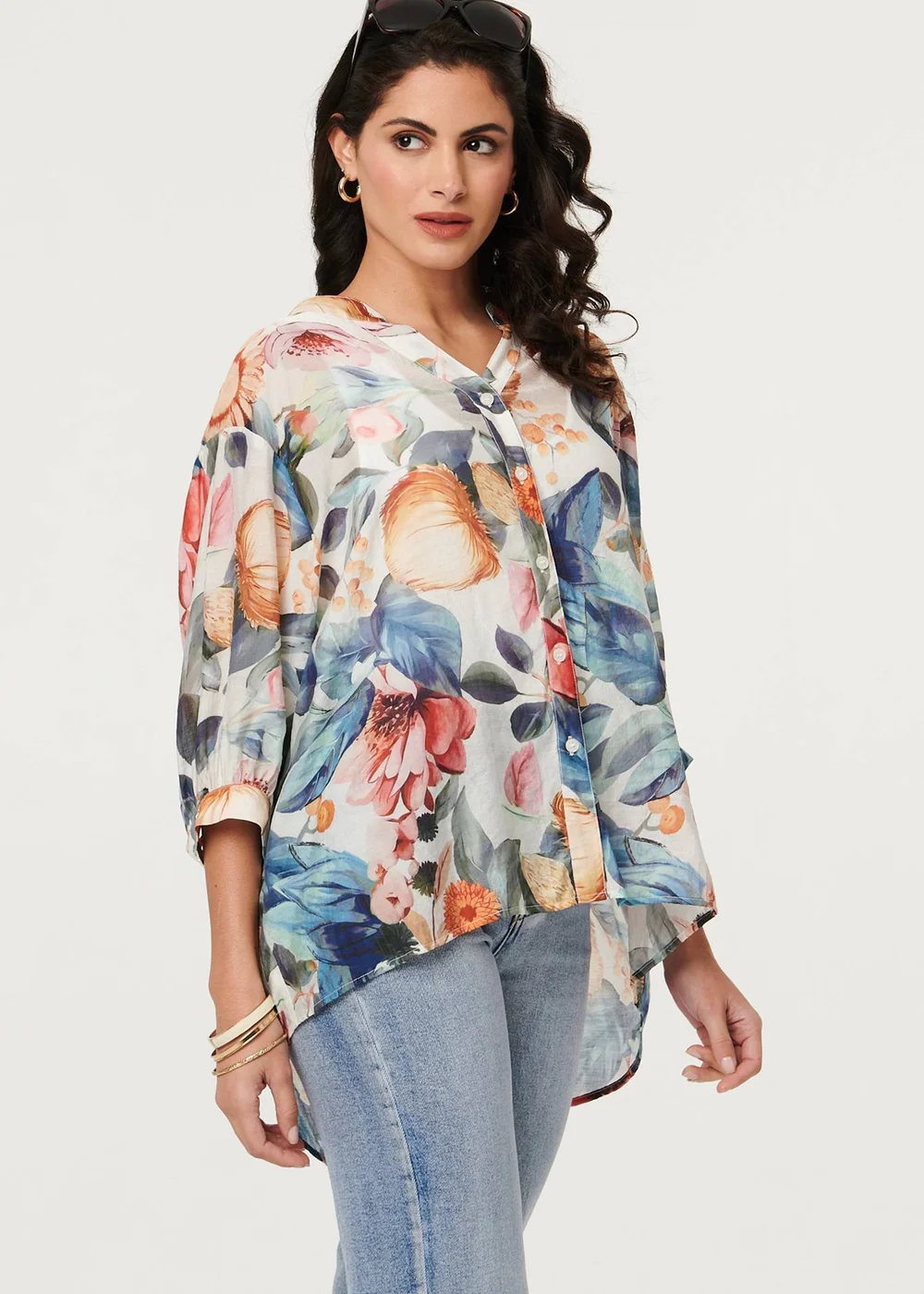 Izabel London Blue Abstract Floral Curve Hem Blouse - 8 Image 1
