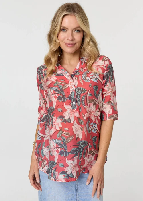 Izabel London Multi Red Floral 3/4 Sleeve Relaxed V-Neck Blouse - 8 Image 1