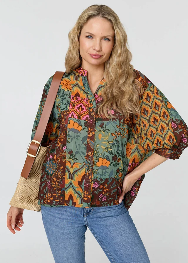 Izabel London Multi Sage Patchwork 3/4 Sleeve Curve Hem Blouse