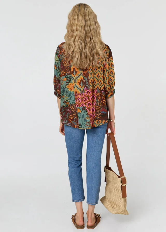 Izabel London Multi Sage Patchwork 3/4 Sleeve Curve Hem Blouse