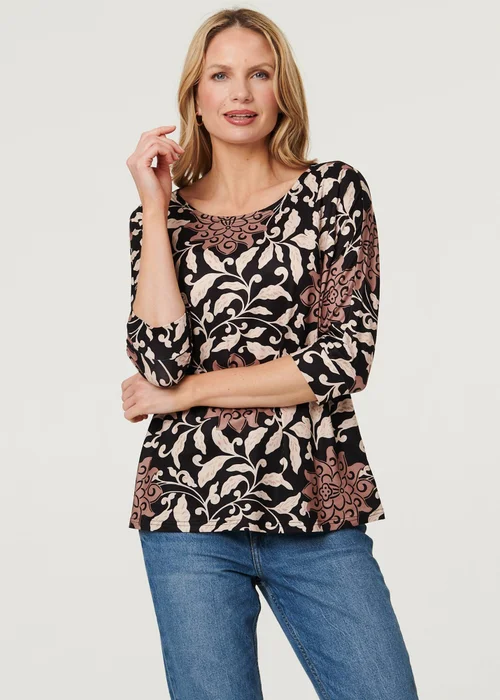 Izabel London Multi Black Floral 3/4 Sleeve Boat Neck Top - 10 Image 1