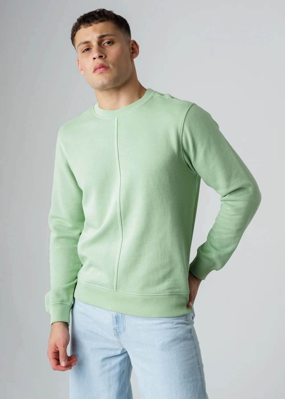 Influence Green Cotton Blend Crew Neck Acid Wash Seam Sweatshirt - M Image 1