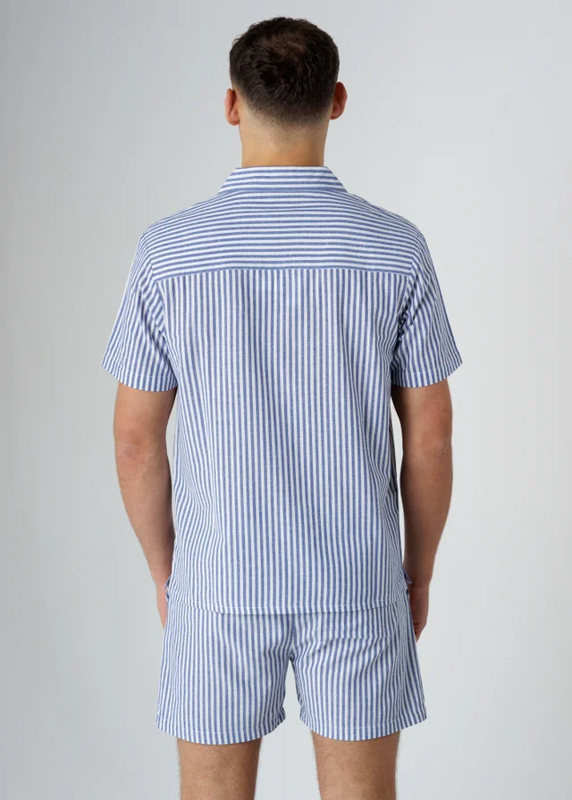 Influence Navy Cotton Striped Chest Pocket Short Sleeve Button Shirt