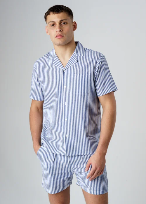 Influence Navy Cotton Striped Chest Pocket Short Sleeve Button Shirt - M Image 1