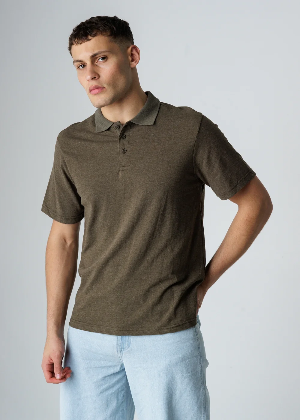 Influence Khaki Cotton Light Knit Short Sleeve Button Polo Shirt - M Image 1