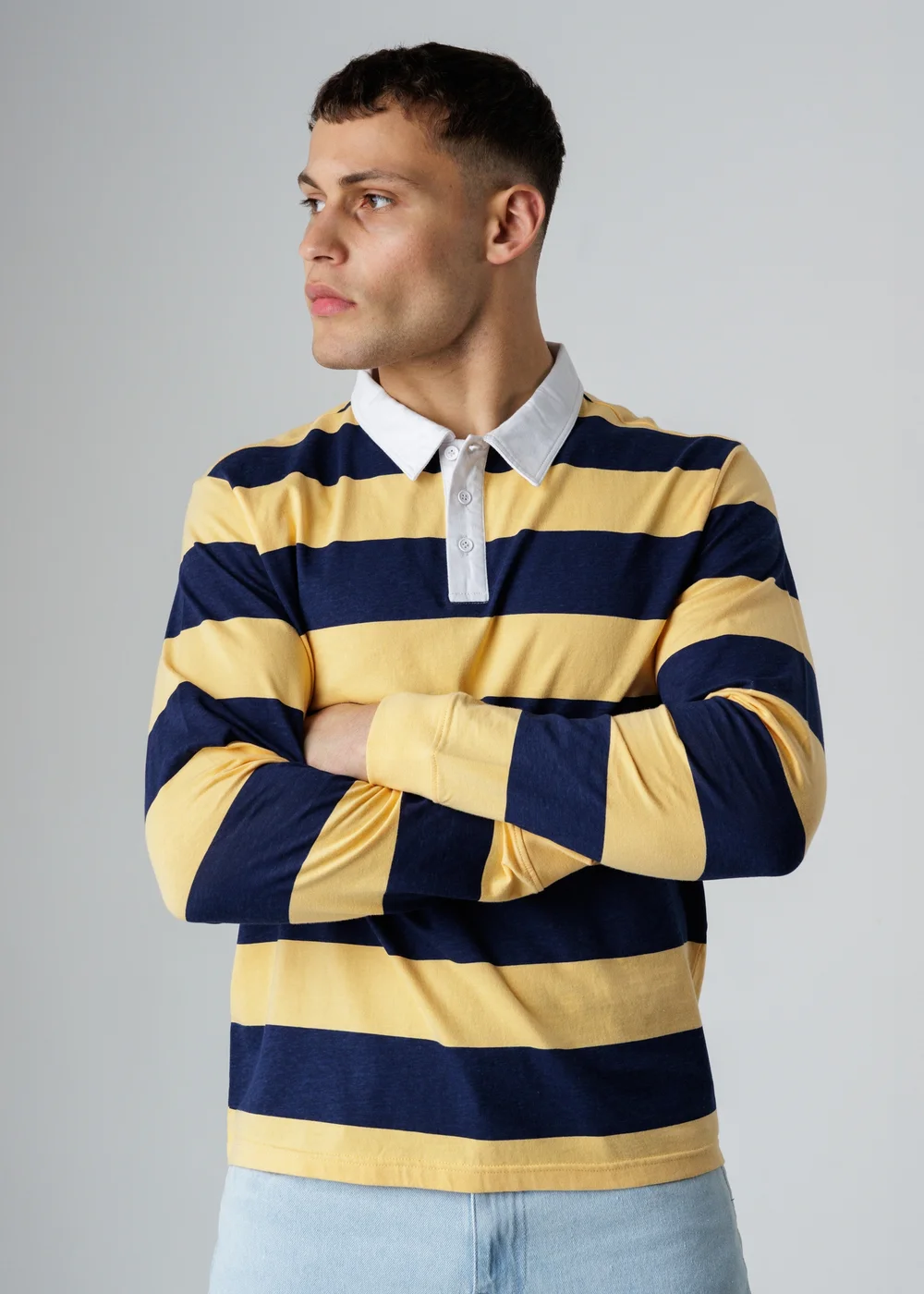 Influence Navy Cotton Rugby-Style Striped Long Sleeve Button Polo Shirt - XL Image 1