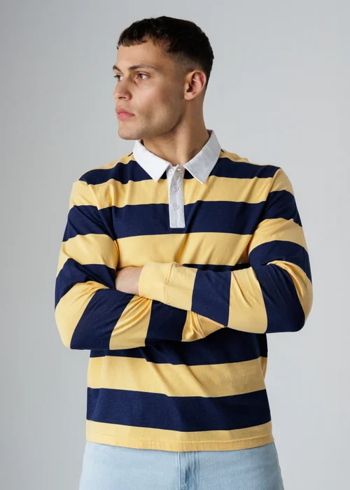 Influence Navy Cotton Rugby-Style Striped Long Sleeve Button Polo Shirt - XL Image 1