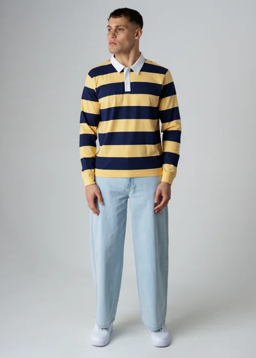 Influence Navy Cotton Rugby-Style Striped Long Sleeve Button Polo Shirt - XL Image 4