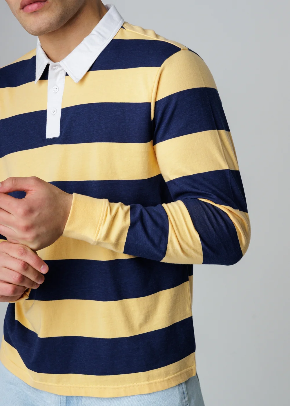Influence Navy Cotton Rugby-Style Striped Long Sleeve Button Polo Shirt - XL Image 3