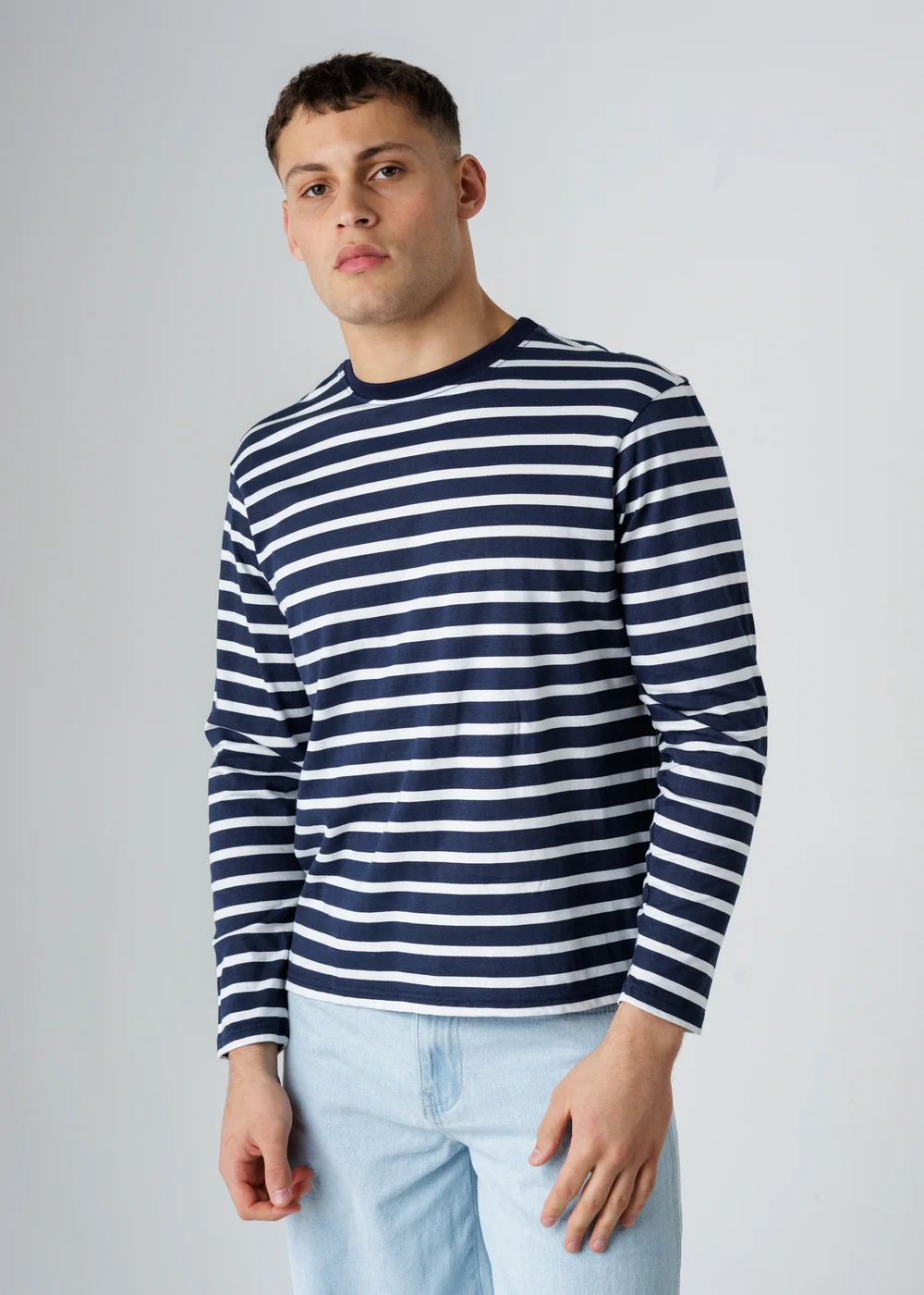 Influence Navy Cotton Striped Crew Neck Long Sleeve T-Shirt - XL Image 1